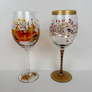Pier 1 Harvest Berries and Pumpkin Patch Fall Wine Glasses Set of 2 - Picture 1 of 9