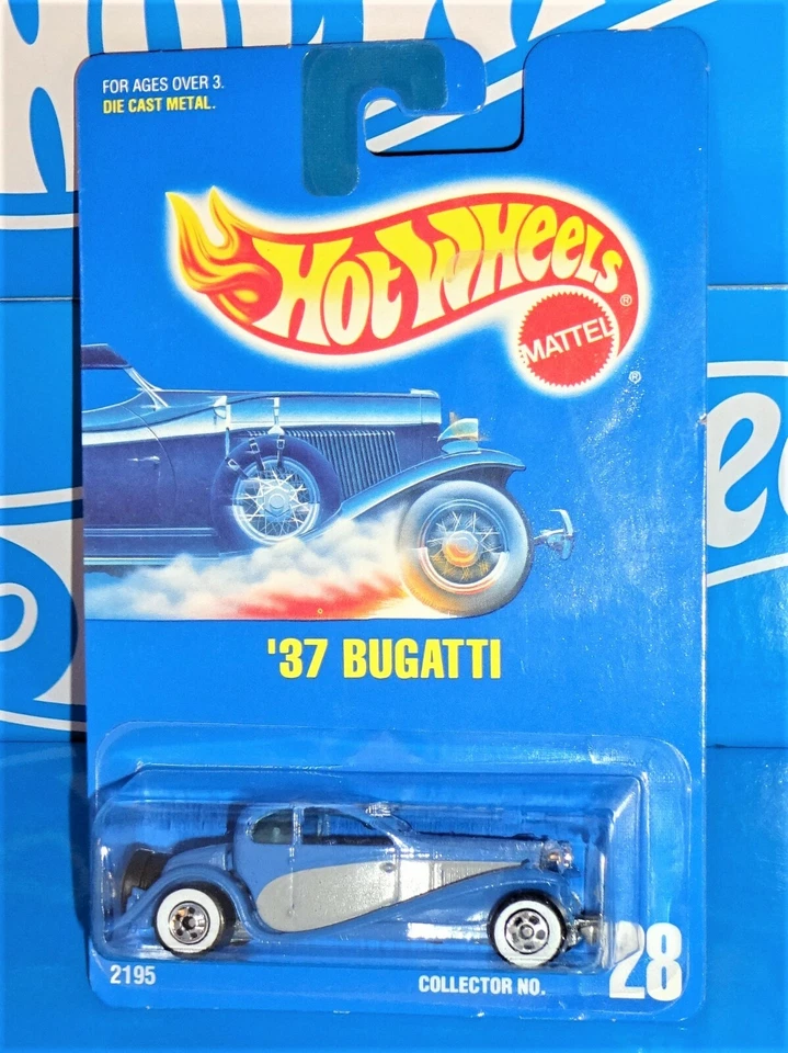 1990 Hot Wheels '37 Bugatti 7sp Blue Card #28 Diecast Car 2195