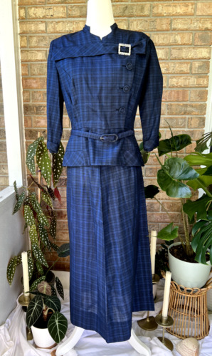 Vintage 1940s Juliette’s Paula Dean Blue Plaid 2 Piece Suit Set w/ Belt