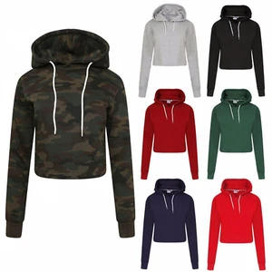 New Ladies Crop Hoodie Women Pull Over Plain Casual Short Hooded Sweat Shirt Top - Picture 1 of 14