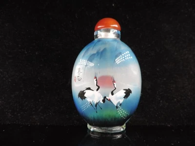 Botella de tabaco china hecha a mano en el interior pintada con patrón de grúa de vidrio de Pekín Foto 1 de 4