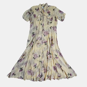 Vintage Lola P Floral Button Front Midi Dress M Pastel Yellow Rayon Cottagecore - Picture 1 of 10