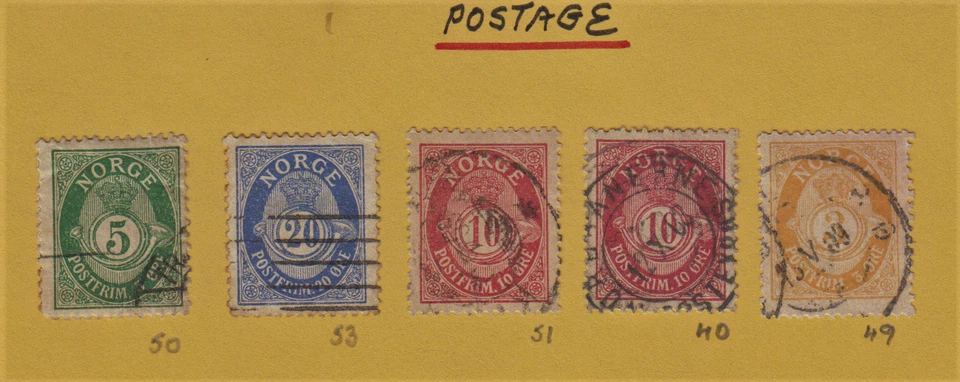 Марки Норвегии Sc# 40, 49, 50, 51, 53 б/у - Изображение 1 из 1