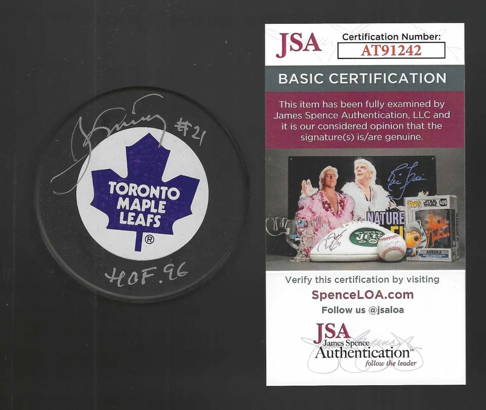 Borje Salming Signed Inscribed Toronto Maple Leafs Ravens Athletic Puck JSA COA - Image 1 of 1