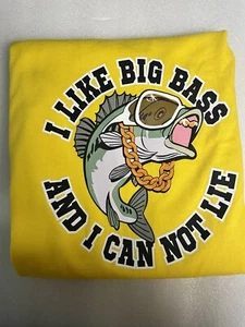 Bass Fishing T-Shirt Yellow Graphic I Like Big Bass and I Can not Lie Size 2XL - Picture 1 of 9