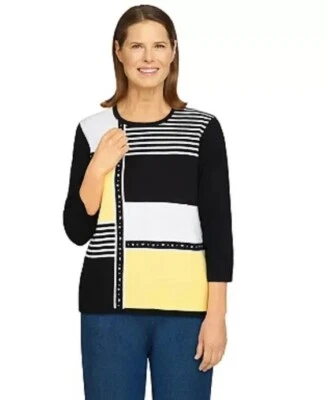 Alfred Dunner Women's Stretch ColorBlock Black/Poppy Bead Trim Knit Sweater Sz L - Image 1 of 4