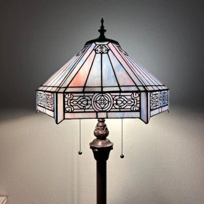 Tiffany Floor Lamp Sky Stained Glass Hexagon Metal Base Mission Style 64”H16"W - Image 1 of 4