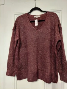 NWT LOFT Bronze Metallic Knit V Neck Long Sleeve Pullover Sweater size L - Picture 1 of 1