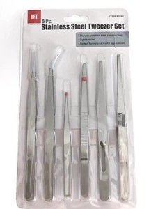Tweezer Set 6 Pc Stainless Steel : Sharp : Flat : Straight : Angled & Fine Tips - Picture 1 of 2