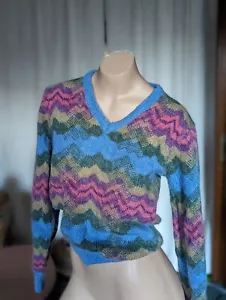 Vintage 1970s La Mouche Space Dye V Neck Striped Sweater Sz XS/S - Picture 1 of 6