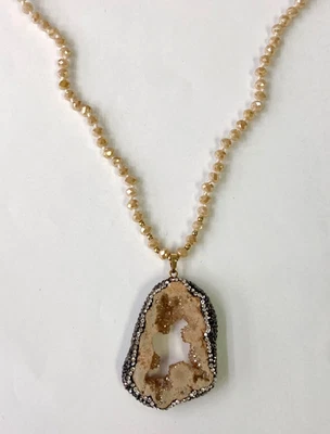 HSN JK NY Colgante Rebanada de Ágata Oro con Cuentas de Vidrio Facetado Collar 32" Foto 1 de 4