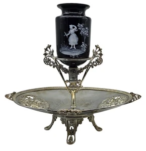 VICTORIAN Mary Gregory Glass Vase / Silver Plate Centerpiece Bowl Compote - Picture 1 of 10