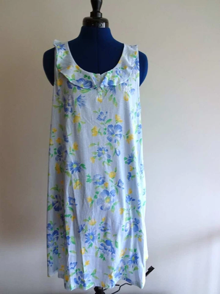 RALPH LAUREN Blue Yellow FLORAL SLEEVELESS Womens Cotton Blend NIGHT GOWN - Image 1 of 1