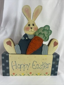 Happy Easter Sign Bunny Rabbit With Carrot Hand Painted Wood 10x8.5” - Picture 1 of 7