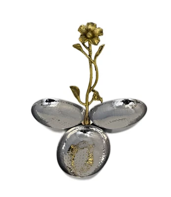 Plato para servir de acero inoxidable de 3 tazones con mango de flor dorada bandeja para bocadillos Foto 1 de 4