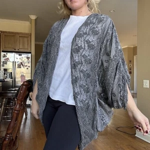 NWT Womens Boho Open Front Grey Lace Patchwork Cardigan OS DOlman Sleeve - Picture 1 of 9