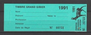France Revenue Stamp Fiscal Fiscaux Permis Chasse Hunting License 1991 green - Picture 1 of 1