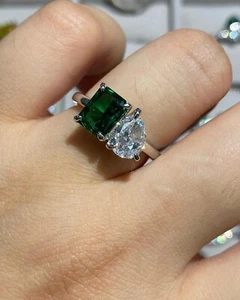 1.08CT Pear Cut Moissanite Two Stone 925 Sterling Silver Wedding Toi Et Moi Ring - Picture 1 of 10