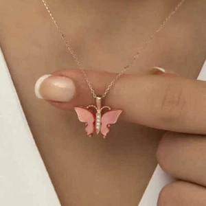 Exquisite Rose Gold Pink Tiger Eye Butterfly Necklace - Unique Women's Jewelry - Foto 1 di 4