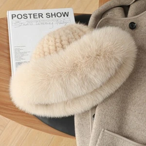 Women's Real Mink Fur Hat Knitted Bucket Hat Warm Top Hat Beanie W Fox Fur Brim - Picture 1 of 13