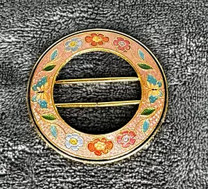 Cloisonné, Gold Tone & Enamel Vntg Buckle Belt Scarf Round Butterfly & Flower - Picture 1 of 10