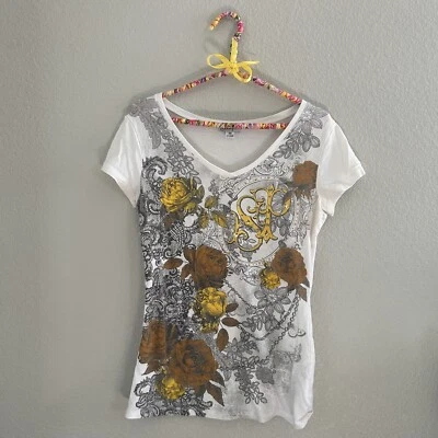 Винтажная женская рубашка Southpole средний размер белый желтый со стразами графический топ Y2K - Изображение 1 из 4