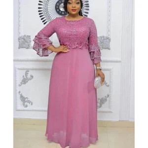 Plus Size African Women Chiffon Long Dress Evening Party Lace Kaftan Prom Gown - Picture 1 of 34