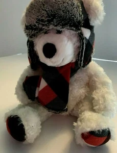 Abrazo Divertido Oso de Peluche 16" Invierno Cuadros Trampero Sombrero/Bufanda Blanco Peluche - Imagen 1 de 9