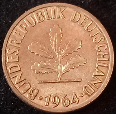 **UNC/BU** 1964 F Germany Federal Republic 2 Pfennig, km# 106 Bronze - Image 1 of 2