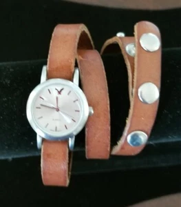 American Eagle Silver Tone Watch Brown Triple Wrap Leather Band 6" New Battery - Picture 1 of 4
