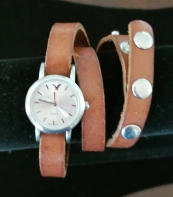 American Eagle Silver Tone Watch Brown Triple Wrap Leather Band 6" New Battery - Image 1 of 4