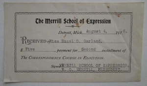 1916 Merrill School of Expression Detroit MI Michigan Zahlungsbeleg - Bild 1 von 2