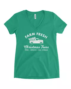 Farm Fresh Christmas Trees Women's V-Neck T-Shirt Xmas Holiday - Picture 1 of 9