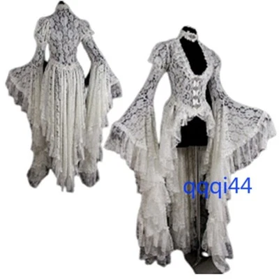 Vestido de Encaje Vintage Estilo Corte Mangas Campana Falda Larga Hueca Blanco Juegos con disfraces Nuevo Foto 1 de 4