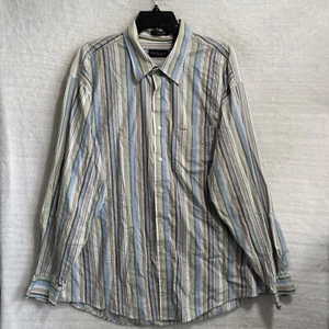 Van Heusen Button Shirt Mens XL Beige Blue Stripe Long Sleeve Cotton Collar - Picture 1 of 8