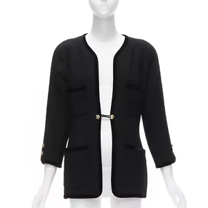 CHANEL Collection 23 1989 Vintage camellia button velvet black tweed jacket FR40 - Picture 1 of 10