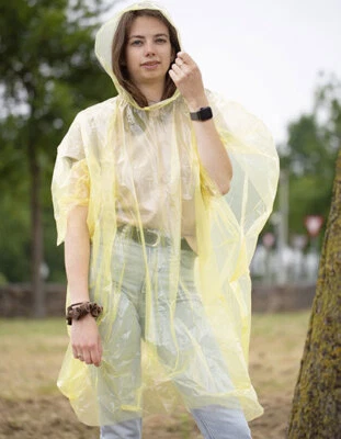 PRINTWEAR Regenponcho Einweg mit Kapuze im Einzelbeutel Kleines Packmaß Ideal für Open-Air