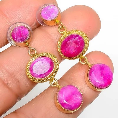 Pendiente antiguo enchapado en oro amarillo de 18k con piedras preciosas de rubí (simulado) 1,56" E7-804 Foto 1 de 3