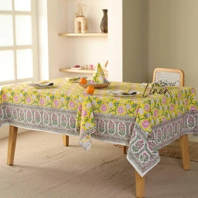 Handmade Cotton Tablecloth Floral Traditional Block Print Kitchen Dining Decor - Image 1 of 4