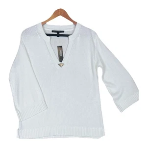 White House Black Market Elbow Sleeve V-Neck Hardware Sweater Crema Small NEW - Picture 1 of 6