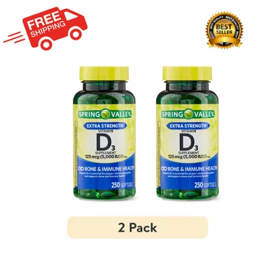 (2 PACK) Cápsulas Blandas Spring Valley Vitamina D3, 125 mcg por Cápsula Blanda, 5000 UI, 250 CT Foto 1 de 4