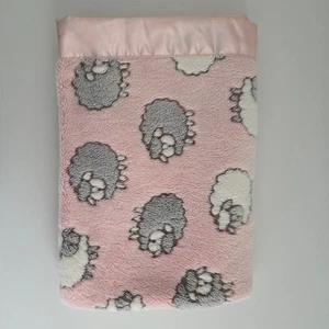 PINK BABY BLANKET Fleece Grey White SHEEP Soft Comforter Lovey Sleep Satin Trim - Picture 1 of 3