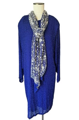 Vestido NAEEM KHAN RIAZEE Vintage Azul Cobalto Completamente Cuentas 100% Seda Para Saks Talla XL Foto 1 de 4