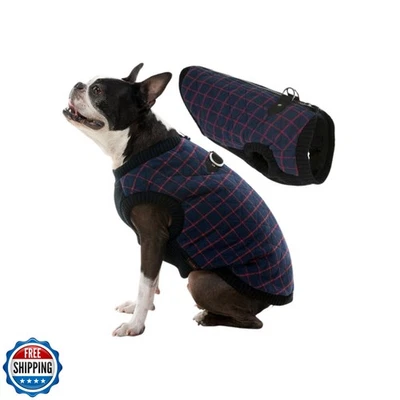 Gooby Fashion Vest Check Dog Jacket - Navy Check, Medium - Warm Zip Up Dog Bo - Image 1 of 4