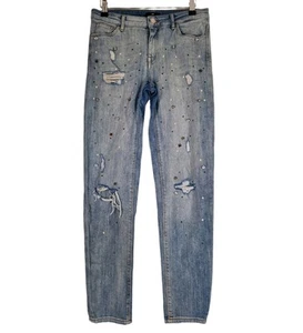 Light Blue Jeans Size 8 Studs Beads Ripped Straight Leg Distressed Denim - Picture 1 of 4