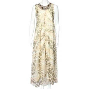 Class by Roberto Cavalli Beige Printed Chiffon Embellished Neck Dress M - Picture 1 of 6
