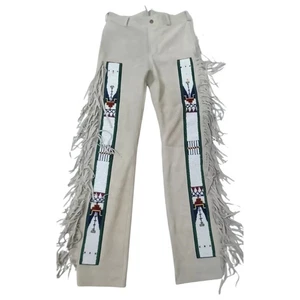 Pantalones para hombre beige piel de ciervo gamuza cuero sioux cuentas flecos Powwow Regalia - Imagen 1 de 2