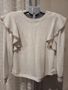 Democracy angerauter Pullover Damen Gr. Small Strick Rüschen Oberteil elfenbeinfarben - Bild 1 von 7