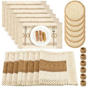 19 Pcs Boho Table Runner Placemat and Napkin Ring Set 11.8 x 106.3'' Woven Ma... - Picture 1 of 6