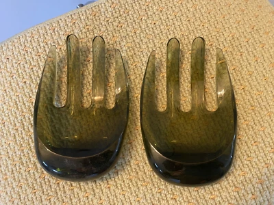 vtg SALAD tongs acrylic lucite plastic HANDS servers tossers forks Green retro - Image 1 of 4